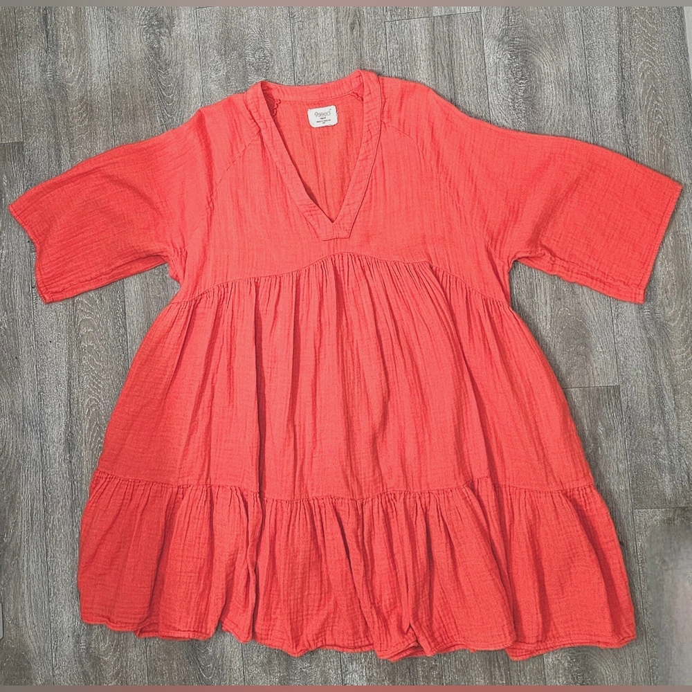 Relaxed V-Neck Tiered Mini Dress in Orange - Picture 2 of 4